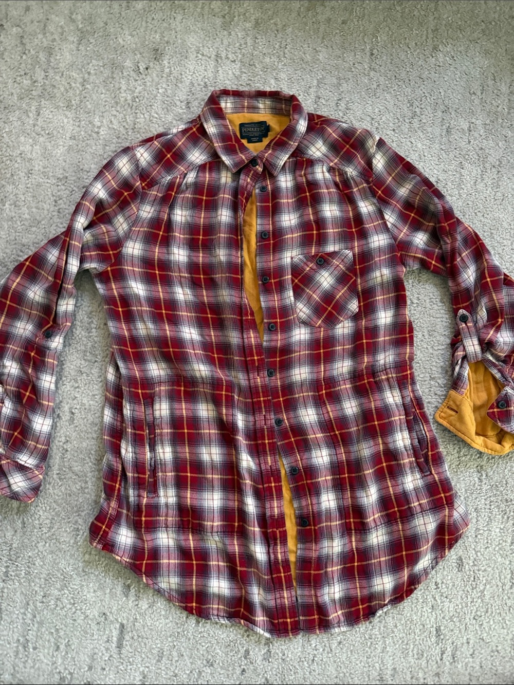 Pendleton Red Plaid Button-Down Shirt with Mustard Trim